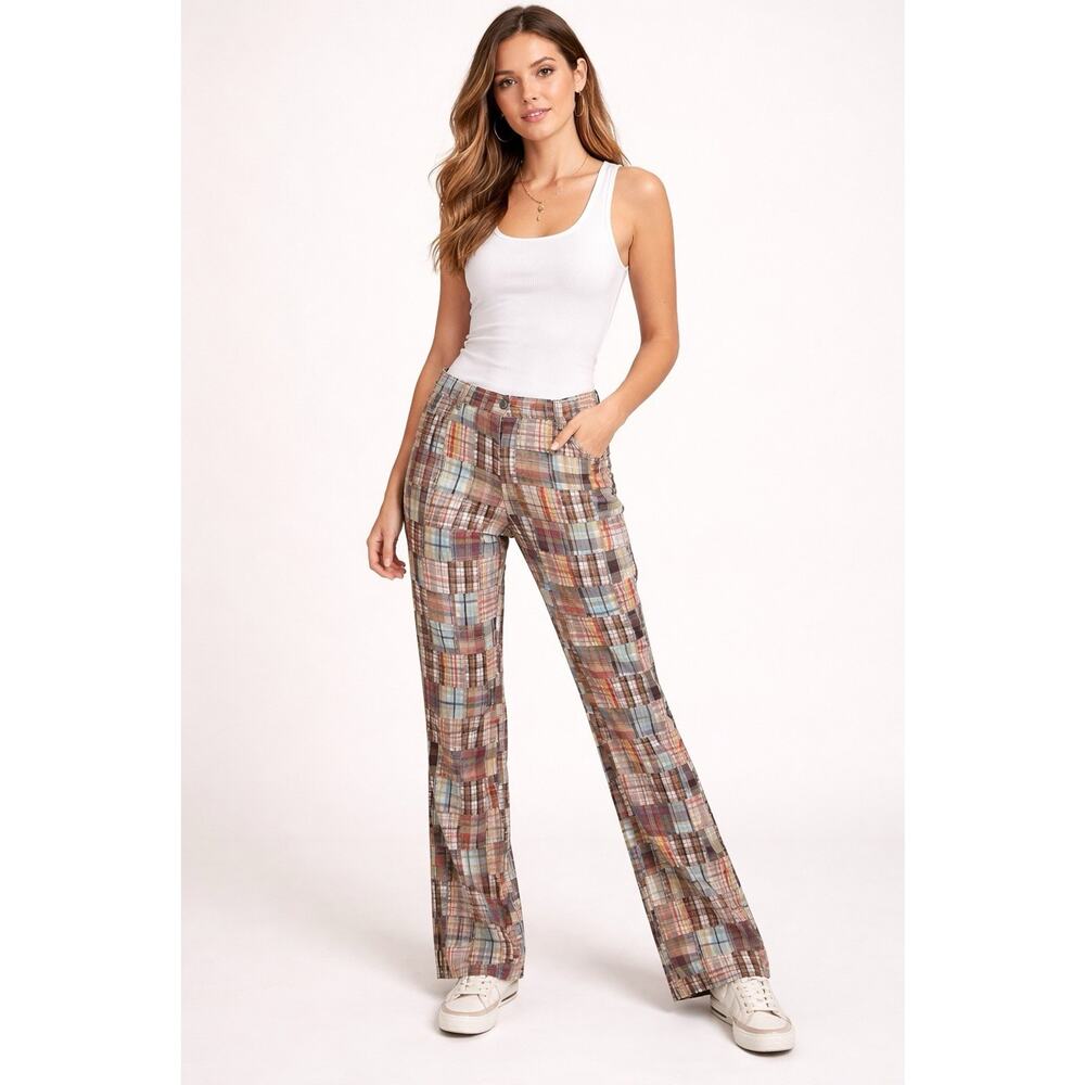 Chor Plaid Patchwork Bootcut Pants Retro Hippie 100% Cotton Vintage Y2K Women 11